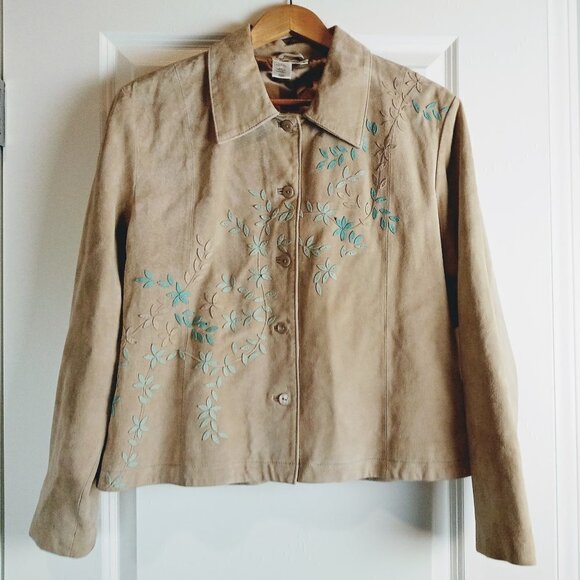 Coldwater Creek Jackets & Blazers - Coldwater Creek Beige Blue Suede Flower Petal Applique Jacket